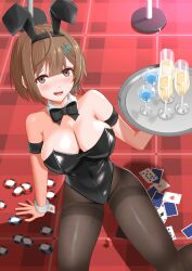 1girl absurdres ace_(playing_card) ace_of_diamonds ace_of_hearts ace_of_spades animal_ears armband black_armband black_bow black_bowtie black_leotard black_pantyhose bow bowtie breasts brown_eyes brown_hair card champagne_flute cleavage cup diamond_(shape) drinking_glass fake_animal_ears hair_ornament hairclip harman_game heart highres large_breasts leotard original pantyhose playboy_bunny playing_card poker_chip short_hair solo spade_(shape) ten_of_spades thighband_pantyhose tile_floor tiles tray wine_glass