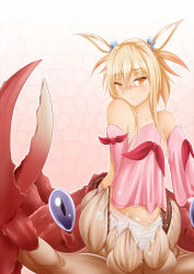 Rule 34 | 1girl, arthropod girl, bare shoulders, blonde hair, blush, bubble, cancer (monster girl encyclopedia), crab girl, detached sleeves, extra eyes, hair bobbles, hair ornament, highres, light smile, looking at viewer, mleonheart, monster girl, monster girl encyclopedia, short hair with long locks, sidelocks, sleeves past wrists, solo, taur, yellow eyes