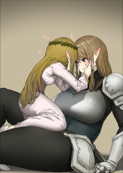 Rule 34 | 2girls, absurdres, armor, black bodysuit, blonde hair, blue eyes, blush, bodysuit, breastplate, breasts, commentary, corset, crown, dress, ear blush, elf, eye contact, face-to-face, flying sweatdrops, gauntlets, hand on another&#039;s face, hand on floor, heart, highres, knight, large breasts, light brown hair, long hair, looking at another, multiple girls, on person, open mouth, original, pauldrons, pelvic curtain, pointy ears, pout, princess, shoulder armor, sidelocks, sitting, size difference, small breasts, sweatdrop, swept bangs, thick thighs, thighs, uru (uru0000), very long hair, white dress, yuri