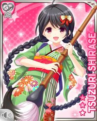 Rule 34 | 1girl, ahoge, black hair, bow, breasts, card (medium), character name, cowboy shot, girlfriend (kari), green kimono, hair ornament, holding, japanese clothes, kimono, looking at viewer, official art, open mouth, paintbrush, pink background, qp:flapper, red eyes, ribbon, shirase tsuzuri, small breasts, smile, solo, standing, tagme