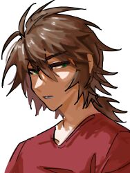 Rule 34 | 1boy, bingluoli, brown hair, chinese commentary, commentary request, green eyes, hair between eyes, highres, isoi reiji, low ponytail, male focus, medium hair, open mouth, ponytail, portrait, red shirt, saibou shinkyoku, shirt, simple background, solo, white background