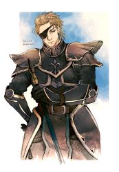 Rule 34 | 1boy, aoharuto, armor, artist name, belt, blonde hair, bracer, brown eyes, dated, day, eyepatch, fire emblem, fire emblem: path of radiance, gloves, haar (fire emblem), hand on own hip, highres, male focus, nintendo, outdoors, short hair, simple background, solo, standing