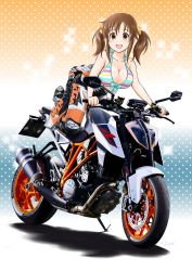 Rule 34 | 1girl, absurdres, bare shoulders, biker clothes, bikesuit, bikini, bikini top only, bikini under clothes, blue background, blush, bodysuit, boots, breasts, brown eyes, brown hair, cleavage, flick (sal23), gradient background, highres, idolmaster, idolmaster cinderella girls, large breasts, looking at viewer, motor vehicle, motorcycle, open bodysuit, open clothes, open mouth, orange background, orange bodysuit, polka dot, polka dot background, scrunchie, sidelocks, smile, solo, sparkle, striped bikini, striped bikini top, striped clothes, swimsuit, totoki airi, twintails, two-tone background