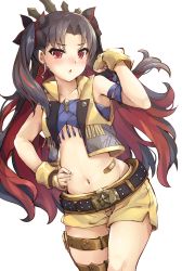 Rule 34 | 1girl, :o, absurdres, bandaid, bare shoulders, belt, belt buckle, black belt, black hair, blush, buckle, collarbone, commentary request, fate/grand order, fate (series), fingerless gloves, gloves, hair ornament, hand on own hip, highres, ishtar (fate), long hair, looking at viewer, multicolored hair, navel, open clothes, open vest, parted bangs, parted lips, red eyes, red hair, samoore, short shorts, shorts, simple background, solo, space ishtar (fate), space ishtar (second ascension) (fate), tiara, two-tone hair, two side up, v-shaped eyebrows, very long hair, vest, white background, yellow gloves, yellow shorts, yellow vest