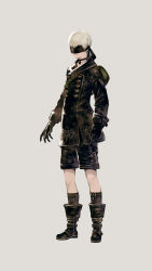Rule 34 | 1boy, blindfold, boots, choker, double-breasted, full body, gloves, highres, jacket, leather, leather boots, leather gloves, leather jacket, male focus, nier (series), nier:automata, official art, shoe buckle, short hair, shorts, silver hair, simple background, solo, square enix, standing, 9s (nier:automata), yoshida akihiko
