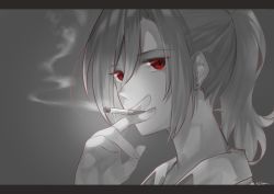 Rule 34 | 1girl, aozaki touko, cigarette, commentary request, greyscale, hair between eyes, hand up, kara no kyoukai, karinto yamada, letterboxed, long hair, looking at viewer, monochrome, ponytail, portrait, red eyes, sidelocks, signature, smoke, smoking, solo, spot color