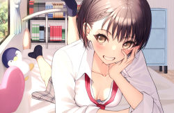 Rule 34 | 1girl, arm support, bed, black hair, black socks, blush, book, bookshelf, bra, braid, breasts, brown eyes, brown skirt, cleavage, collarbone, collared shirt, downblouse, dress shirt, hand on own face, hand up, indoors, long sleeves, looking at viewer, lying, mottsun (i 40y), necktie, on bed, on stomach, original, paid reward available, plaid, plaid skirt, pleated skirt, red necktie, school uniform, shirt, short hair, skirt, small breasts, smile, socks, solo, stuffed animal, stuffed toy, underwear, white shirt, window