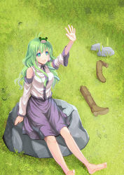 Rule 34 | 1girl, barefoot, blush, boots, breasts, detached sleeves, female focus, frog hair ornament, grass, green eyes, green hair, hair ornament, hair tubes, kochiya sanae, long hair, matching hair/eyes, meet (105r), open mouth, rock, shoes, skirt, smile, snake, solo, touhou, unworn shoes