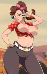 Rule 34 | 1girl, alternate costume, artist name, bracelet, breast cutout, breasts, breasts out, brown eyes, brown hair, d.va (overwatch), earrings, exlic, front-tie shirt, hand on own hip, headphones, highres, jewelry, large breasts, long hair, looking at viewer, navel, nipples, open mouth, overwatch, overwatch 1, ponytail, puffy nipples, ribbon, shirt, smile, solo, standing, v over eye