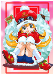 Rule 34 | 1girl, blonde hair, blue eyes, boots, character request, coat, goggles, goggles on headwear, hat, inoue sora, knees to chest, long hair, sack, santa hat, shorts, sitting, socks, solo, winter clothes, winter coat
