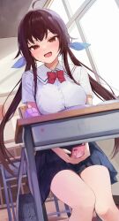 Rule 34 | 1girl, absurdres, ahoge, bag, blue ribbon, blue skirt, blush, bow, breasts, brown eyes, brown hair, chair, collared shirt, commentary request, desk, dress shirt, fang, feet out of frame, hair ribbon, highres, indoors, large breasts, long hair, looking at viewer, low twintails, on chair, open mouth, original, pencil case, pleated skirt, racchi., red bow, ribbon, school bag, school chair, school desk, school uniform, shirt, sitting, skirt, solo, sunlight, twintails, very long hair, wavy mouth, white shirt, window