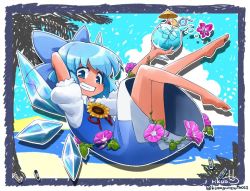 Rule 34 | 1girl, arm behind head, arm up, bare arms, bare legs, barefoot, beach, blue bow, blue dress, blue eyes, blue hair, blue hawaii, blue sky, bow, cirno, cloud, cocktail umbrella, collared shirt, cup, day, detached wings, dress, drink, drinking straw, facing away, fairy, flat chest, flower, full body, grin, hair bow, holding, holding cup, ice, ice cube, ice wings, leaf, morning glory, outline, outstretched arm, palm tree, pink flower, plantar flexion, puffy short sleeves, puffy sleeves, red ribbon, ribbon, rikuo (whace), shirt, short hair, short sleeves, sky, smile, solo, sunflower, tan, tanned cirno, teeth, touhou, tree, tropical drink, undershirt, white outline, white shirt, wings, yellow flower