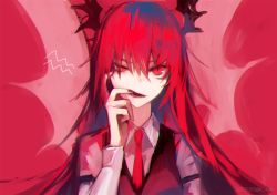 Rule 34 | 1girl, bat wings, cinkai, finger in own mouth, head wings, koakuma, long hair, long sleeves, looking at viewer, necktie, open mouth, red background, red eyes, red hair, red theme, sharp teeth, shirt, solo, teeth, touhou, upper body, vest, wings