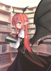 Rule 34 | 1girl, :/, absurdres, armband, bat wings, black armband, black skirt, black vest, black wings, blush, book, book stack, bookshelf, breasts, collared shirt, commentary request, cowboy shot, demon tail, dress shirt, ear blush, from side, hair between eyes, head wings, highres, holding, holding book, juliet sleeves, koakuma, large wings, library, long hair, long sleeves, looking at viewer, looking to the side, necktie, no nose, pointy ears, puffy sleeves, red eyes, red hair, red necktie, shirt, skirt, skirt set, small breasts, solo, tail, touhou, vest, voile, white shirt, wings, wuzeiiezuw