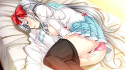 Rule 34 | 1girl, ass, bed, black panties, blue eyes, blue skirt, blush, bow, breasts, breasts out, clothes pull, fingering, game cg, grey hair, hair bow, highres, izumi mahiru, large breasts, long hair, long sleeves, lying, masturbation, nipples, on bed, open clothes, open mouth, open shirt, panties, pantyhose, pantyhose pull, pink panties, puffy sleeves, red bow, school uniform, shirt, skirt, smelling, smelling clothes, solo, source request, tenmon dokei no aria, tsukigami aria, underwear, unworn shirt, white shirt