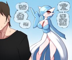 Rule 34 | 1boy, 1girl, :o, alternate color, black shirt, blue hair, blue skin, breasts, brown hair, colored skin, creatures (company), english text, faceless, faceless male, game freak, gardevoir, gen 3 pokemon, hair over one eye, highres, large breasts, light blush, multicolored skin, nintendo, orange eyes, pointing, pokemon, pokemon (creature), ringed eyes, saltyxodium, shiny pokemon, shirt, solo focus, speech bubble, standing, sweat, nervous sweating, white skin
