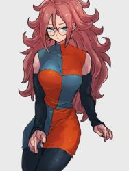 Rule 34 | 1girl, android 21, black sleeves, blue eyes, breasts, checkered clothes, checkered dress, detached sleeves, dragon ball, dragon ball fighterz, dress, earrings, glasses, grey background, hair between eyes, jewelry, kemachiku, large breasts, long hair, pantyhose, red hair, simple background, solo