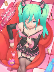 Rule 34 | 10s, 1girl, 2016, ;p, aqua eyes, aqua hair, artist name, bare shoulders, belt, between fingers, black bra, black jacket, black skirt, bottle, bow, bra, breasts, bridal garter, brown thighhighs, buckle, butterfly hair ornament, buttons, cellphone, character name, cleavage, collarbone, copyright name, cowboy shot, dated, from above, hair between eyes, hair ornament, hatsune miku, highres, holding, honey whip (module), jacket, k jin, layered skirt, lipstick, long hair, looking at viewer, looking up, makeup, navel, off shoulder, one eye closed, perfume (cosmetics), perfume bottle, phone, pink bow, project diva (series), project diva f, red lips, signature, sitting, skirt, small breasts, solo, strap slip, sweet devil (vocaloid), thigh gap, thighhighs, tongue, tongue out, twintails, underwear, undressing, very long hair, vocaloid, wrist cuffs, zettai ryouiki