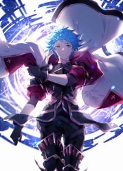 Rule 34 | 1boy, black gloves, blue eyes, blue hair, blurry, blurry background, cape, gloves, gran (granblue fantasy), granblue fantasy, guider to the eternal edge, highres, looking down, male focus, pollity, solo, white cape