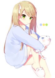 Rule 34 | 1girl, :&lt;, = =, animal, bad id, bad pixiv id, blonde hair, blue sweater, blush, cat, cat slippers, circle, dress, from side, green eyes, hair ornament, hairclip, highres, holding, holding animal, holding cat, knee up, long hair, looking at another, looking at viewer, mafuyu (chibi21), original, ribbon, simple background, slippers, solo, star (symbol), star hair ornament, sweater, sweater dress, swept bangs, twintails, white background, white cat, white ribbon