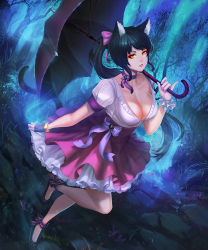 Rule 34 | 1girl, animal ears, black footwear, black hair, blue background, bow, breasts, cat ears, cat tail, chaosringen, cleavage, collarbone, dress, dutch angle, eyelashes, fingerless gloves, forest, full body, gloves, hair ribbon, holding, large breasts, lips, long hair, looking at viewer, nature, neck ribbon, nose, orange eyes, outdoors, parted lips, petticoat, pinky out, ponytail, puffy short sleeves, puffy sleeves, ribbon, shoes, short sleeves, single glove, skirt hold, slit pupils, solo, standing, standing on one leg, tail, to the world, umbrella, very long hair