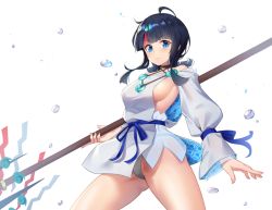 Rule 34 | 1girl, bare shoulders, black hair, blue eyes, blue ribbon, blush, breasts, closed mouth, dress, fate/grand order, fate/requiem, fate (series), fundoshi, holiday (pangjelly), japanese clothes, jewelry, large breasts, long sleeves, looking at viewer, magatama, magatama hair ornament, medium hair, multicolored hair, necklace, pelvic curtain, pink hair, polearm, puffy long sleeves, puffy sleeves, revision, ribbon, short dress, sideboob, sideless outfit, simple background, spear, streaked hair, thighs, utsumi erice, water drop, weapon, white background, white dress
