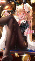 Rule 34 | 1girl, :d, absurdres, animal ears, black gloves, black leotard, blonde hair, blurry, blush, breasts, brown pantyhose, casino card table, cleavage, coin, copyright name, crossed legs, depth of field, detached collar, elbow gloves, fake animal ears, fang, feather boa, gloves, goddess of victory: nikke, gold coin, green eyes, hair intakes, hair ornament, highres, knees up, large breasts, leotard, long hair, one eye closed, open mouth, pantyhose, playboy bunny, ponytail, rabbit ears, rossy (yowayowachimpo), rupee (nikke), rupee (rabbit deluxe) (nikke), sitting, skin fang, smile, solo, strapless, strapless leotard, table