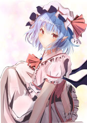Rule 34 | 1girl, absurdres, ascot, bat wings, blue hair, blush, commentary request, hat, hat ribbon, highres, looking at viewer, mob cap, pink hat, pink shirt, pink skirt, pointy ears, red ascot, red eyes, red ribbon, remilia scarlet, ribbon, shanonon, shirt, short hair, short sleeves, skirt, solo, touhou, wings