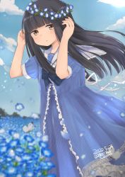 Rule 34 | 1girl, alternate costume, aoshima sakana, black hair, blue dress, blunt bangs, brown eyes, bug, butterfly, commentary request, commission, dated, dress, flower, hatsuyuki (kancolle), highres, hime cut, insect, kantai collection, long hair, looking at viewer, puffy short sleeves, puffy sleeves, sailor collar, short sleeves, skeb commission, solo, twitter username, wreath