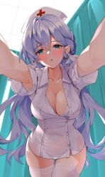 Rule 34 | 1girl, alternate costume, armpits, blue eyes, blue hair, breasts, cleavage, closed mouth, collarbone, collared dress, covered navel, dress, garter straps, green eyes, hair between eyes, hat, head wings, highres, honkai: star rail, honkai (series), hospital, indoors, jewel under eye, large breasts, lingerie, matrix16, nurse, nurse cap, panties, parted lips, partially unbuttoned, pov, privacy screen, revision, robin (honkai: star rail), short sleeves, solo, strap, thighhighs, underwear, white dress, white panties, white thighhighs, white wings, wings