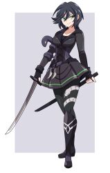 Rule 34 | 1girl, absurdres, abysswatchers, armor, black hair, black thighhighs, commission, green eyes, highres, holding, holding sword, holding weapon, knife, light smile, original, scar, simple background, skirt, smile, snake, sword, thighhighs, weapon