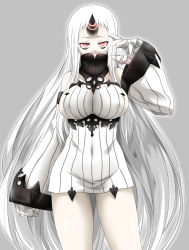Rule 34 | 10s, 1girl, abyssal ship, bare shoulders, breasts, claws, detached sleeves, dress, covered erect nipples, highres, horns, kantai collection, large breasts, long hair, pale skin, red eyes, ribbed dress, ribbed sweater, seaport princess, short dress, sideboob, single horn, solo, sweater, sweater dress, thighs, very long hair, watarui, white hair