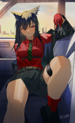 Rule 34 | 1girl, absurdres, animal ear fluff, animal ears, arknights, arm up, belt, black coat, black hair, black shorts, blush, breasts, car, car interior, coat, collared shirt, unworn eyewear, fang, firecracker (user kgxp3553), gloves, hair over one eye, highres, holding, holding removed eyewear, knees up, leaning back, long hair, long sleeves, looking at viewer, medium breasts, motor vehicle, mouth hold, official alternate costume, open clothes, open coat, red eyes, red gloves, red shirt, shirt, shorts, signature, sitting, sky, smile, solo, texas (arknights), texas (willpower) (arknights), wolf ears, yellow sky