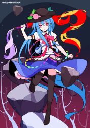 Rule 34 | 1girl, :o, arm up, artist name, black thighhighs, blue hair, blue skirt, collared shirt, female focus, food, fruit, full body, hat, hinanawi tenshi, holding, holding sword, holding weapon, ideolo, leaf, leg up, long hair, looking at viewer, midriff, navel, neck ribbon, no shoes, parted lips, peach, petticoat, puffy sleeves, red eyes, red ribbon, ribbon, rock, shirt, skirt, solo, standing, standing on one leg, sword, sword of hisou, thighhighs, touhou, very long hair, weapon