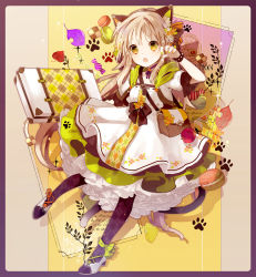 Rule 34 | 1girl, :o, animal ears, apple, bag, blonde hair, bow, bracelet, briefcase, candy, cat ears, cat tail, checkerboard cookie, checkered clothes, checkered legwear, choker, commentary request, cookie, dress, fake animal ears, fang, fingernails, floral print, flower, food, frilled dress, frills, fruit, full body, hair flower, hair ornament, hairband, highres, jewelry, leaf, long hair, looking at viewer, macaron, multicolored nails, nail polish, open mouth, original, pantyhose, paw pose, paw print, ribbon choker, shoes, short sleeves, shoulder bag, solo, tail, very long hair, yellow eyes, yuzuyomogi