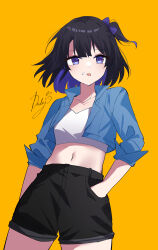 Rule 34 | 1girl, :p, absurdres, black hair, black shorts, blue jacket, collarbone, colored inner hair, commentary, crop top, cropped jacket, deidey, hand in pocket, highres, indie virtual youtuber, indonesian commentary, jacket, long sleeves, looking at viewer, midriff, multicolored hair, navel, one side up, open clothes, open jacket, purple eyes, purple hair, purpora, shirt, short hair, shorts, signature, solo, star (symbol), star print, tongue, tongue out, upper body, virtual youtuber, white shirt, yellow background
