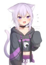 Rule 34 | 1girl, :d, amashiro natsuki, animal ear fluff, animal ears, black collar, black hoodie, blurry, blurry foreground, blush, cat ears, cat girl, cat tail, character name, collar, collarbone, commentary request, depth of field, drawstring, fang, hair between eyes, highres, hololive, hood, hood down, hoodie, long sleeves, looking at viewer, midriff, navel, nekomata okayu, nekomata okayu (1st costume), onigiri print, open mouth, pants, print hoodie, purple eyes, purple hair, simple background, sleeves past fingers, sleeves past wrists, smile, solo, tail, tail raised, virtual youtuber, white background, white pants