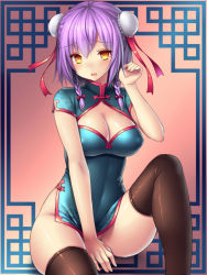 Rule 34 | 1girl, black thighhighs, braid, breasts, bun cover, china dress, chinese clothes, cleavage, cleavage cutout, clothing cutout, covered erect nipples, double bun, dress, hair bun, large breasts, looking at viewer, no panties, original, purple hair, quipao, short hair, solo, tears, thighhighs, tsukumiya amane, twin braids, yellow background