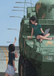 Rule 34 | 1girl, 2girls, armored vehicle, black eyes, black hair, black shirt, blue shirt, blue sky, closed mouth, commentary request, day, grey skirt, hallelujah zeng, hand up, holding, indian style, lamppost, military, multiple girls, original, outdoors, pleated skirt, road, sandals, shirt, short sleeves, sitting, skirt, sky, smile, standing, vehicle request