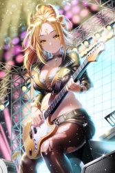 Rule 34 | 1girl, aile (crossroads), blonde hair, bracelet, breasts, brown pantyhose, choker, cleavage, crop top, cropped jacket, electric guitar, expressionless, facial mark, forehead, forehead mark, glint, guitar, gun sling, high ponytail, horns, instrument, jewelry, large breasts, long hair, looking at viewer, midriff, music, navel, nold (sword girls), pantyhose, parted bangs, pendant, playing instrument, plectrum, shiny skin, solo, sparkle, sword girls, torn clothes, torn pantyhose, wristband, yellow eyes