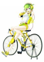 Rule 34 | 1girl, belt, bicycle, blonde hair, blue eyes, bottle, c.c. lemon, c.c. lemon (character), dearrose, highres, looking at viewer, mito itsuki, mouth hold, short hair, shorts, simple background, solo, visor cap, white background