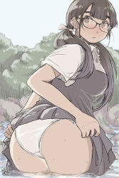 Rule 34 | ass, black hair, black shirt, black skirt, blunt bangs, blush, breasts, brown eyes, commentary request, dress, glasses, hadashi no kenji, hair ribbon, highres, large breasts, lifting own clothes, long hair, looking at viewer, low twintails, original, outdoors, panties, parted lips, pinafore dress, pleated skirt, ribbon, shirt, short sleeves, skirt, sleeveless dress, solo, summer uniform, thighs, twintails, two-tone shirt, underwear, uniform, wading, white panties, white shirt