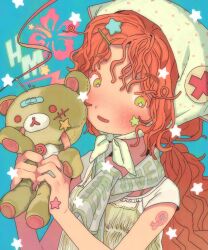 Rule 34 | 1girl, arm tattoo, blue background, blush, brown hair, green eyes, haemin0201, hair ornament, hairclip, highres, holding, holding stuffed toy, long hair, looking at viewer, open mouth, original, scarf, short sleeves, smile, solo, star (symbol), stuffed animal, stuffed toy, tattoo, teddy bear, upper body