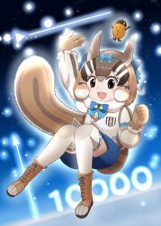 Rule 34 | 1girl, acorn, animal ears, boots, brown eyes, brown hair, chipmunk ears, chipmunk girl, chipmunk tail, extra ears, gloves, highres, hissaa (hisser), kemono friends, kemono friends v project, microphone, ribbon, shirt, short hair, shorts, siberian chipmunk (kemono friends), tail, thighhighs, vest, virtual youtuber