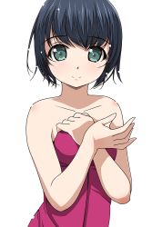 Rule 34 | 1girl, bare shoulders, blue hair, green eyes, highres, matsunaga kouyou, naked towel, original, short hair, simple background, smile, solo, towel, white background