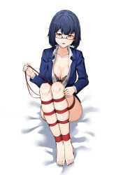 Rule 34 | 1girl, absurdres, barefoot, bdsm, bed sheet, black bra, blue hair, blue jacket, bondage, bound, bound ankles, bound legs, bra, breasts, chinese commentary, collarbone, commentary request, feet, glasses, highres, jacket, knees up, large breasts, legs, long sleeves, open mouth, original, partially unbuttoned, red-framed eyewear, red rope, rope, semi-rimless eyewear, shibari, shirt, short hair, sitting, solo, suit jacket, t zhonglang, toenails, toes, under-rim eyewear, underwear, white shirt, yellow eyes