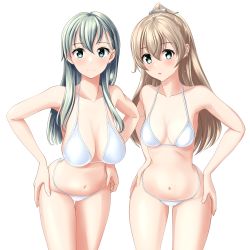Rule 34 | 2girls, absurdres, bikini, blue one-piece swimsuit, cowboy shot, green eyes, hair ornament, hairclip, hands on own hips, highres, kantai collection, kumano (kancolle), leaning forward, long hair, looking at viewer, multiple girls, one-piece swimsuit, silver hair, simple background, suzuya (kancolle), swimsuit, takafumi, umbrella, white background, white bikini