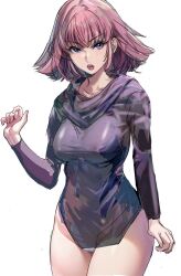 1girl arm_up black_shirt breasts gundam gundam_zz haman_karn highres huo_ji_wu large_breasts leotard leotard_peek leotard_under_clothes looking_at_viewer oekaki open_mouth pink_hair purple_eyes see-through_clothes shirt short_hair simple_background solo thick_thighs thighs white_background white_leotard zeta_gundam