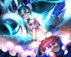 Rule 34 | 1girl, 7th dragon, 7th dragon (series), 7th dragon 2020, ahoge, aile (crossroads), aqua hair, bare shoulders, black thighhighs, blue eyes, blush, cowboy shot, detached collar, dutch angle, hatsune miku, light particles, long hair, looking at viewer, own hands clasped, own hands together, skirt, solo, thighhighs, twintails, very long hair, vocaloid