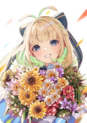 Rule 34 | 1girl, antenna hair, blonde hair, blue bow, blue eyes, blunt bangs, blush, bouquet, bow, braid, colored inner hair, daisy, flower, green hair, hair bow, highres, holding, holding bouquet, indie virtual youtuber, kink (tortoiseshell), komugi ftb, looking at viewer, multicolored hair, purple flower, short hair, simple background, smile, solo, sunflower, thick eyebrows, upper body, virtual youtuber, white background, white flower, yellow flower